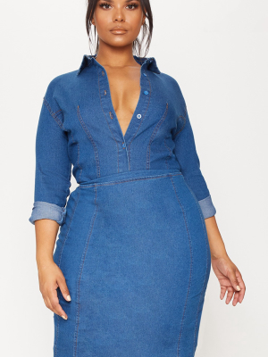 Plus Mid Wash Seam Detail Denim Midi Skirt