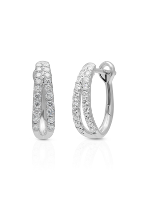 14kt White Gold Diamond Split Oval Huggie Earrings