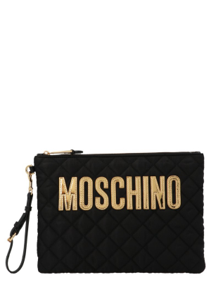 Moschino Logo Plaque Quilted Clutch Bag