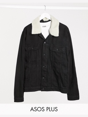 Asos Design Plus Denim Jacket With Detachable Fleece Collar In Black
