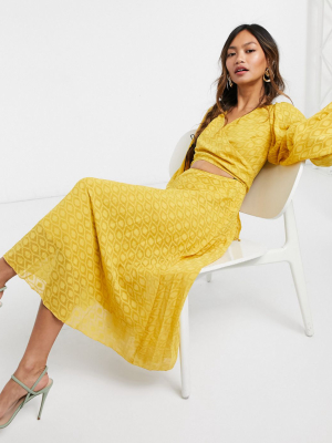 Asos Design Tie Wrap Around Pleated Midi Dress In Dobby In Mustard