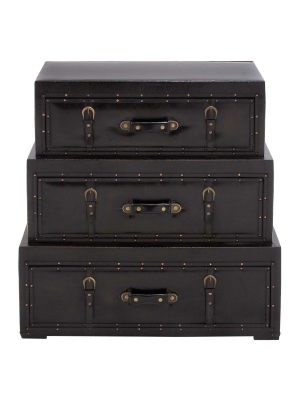 Wood Faux Leather 3 Trunk Cabinet Black - Olivia & May