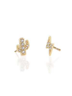 Kris Nations Pave Cactus/bolt Stud Earrings In Gold/crystal Quartz