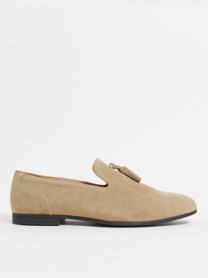 Asos Design Tassel Loafers In Stone Faux Suede
