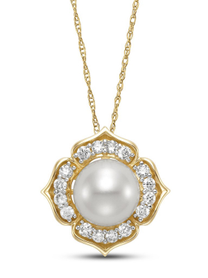 White Pearl & Diamond Blossom Pendant Necklace