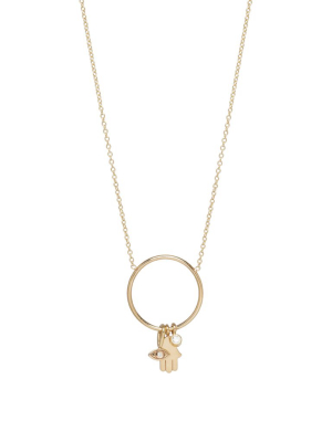 14k Circle Hamsa, Evil Eye And Diamond Charm Necklace