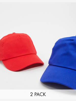 Asos Design 2 Pack Baseball Cap In Red And Blue