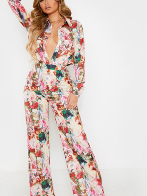 Rose Femme Renaissance Print Wide Leg Pants