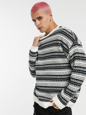 Asos Design Oversized Textured Sweater In Monochrome Pattern