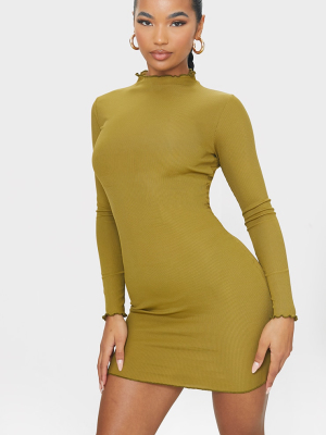 Olive Ribbed Lettuce Edge High Neck Long Sleeve...