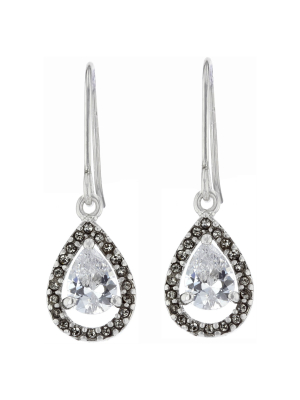 Dangle Drop Earrings Plated Brass Cubic Zirconia Halo Teardrop - Silver/clear