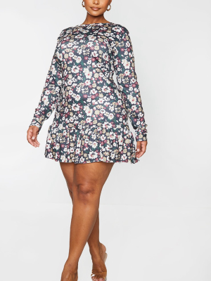 Plus Black Ditsy Floral Long Sleeve Frill Hem...