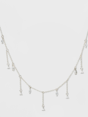 Drop Cubic Zirconia Stone With Delicate Fringe Chain Necklace - A New Day™ Silver