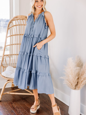 Pursue Perfection Chambray Blue Ruffled Midi Dress