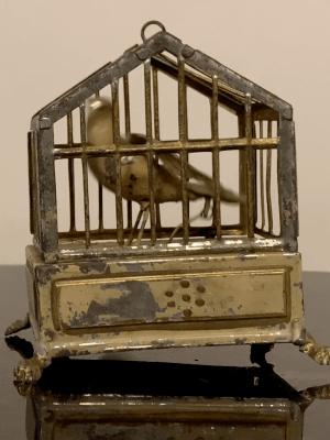 Painted Tole Automaton Bird In Cage