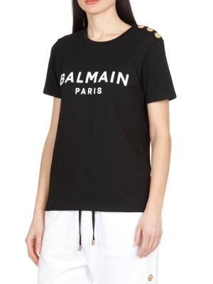 Balmain Flocked Logo Button Detail T-shirt