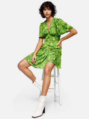 Tall Willow Green Floral Print Angel Sleeve Mini Dress