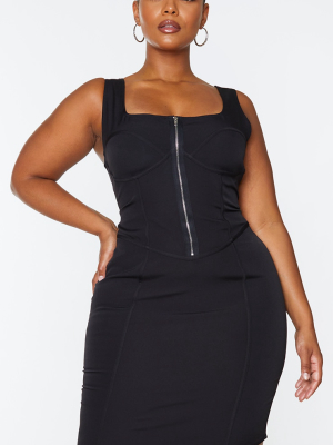 Plus Black Corset Detail Zip Front Midi Dress