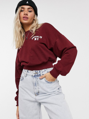 Bershka Brooklyn Sweatshirt Co-ord In Burgundy