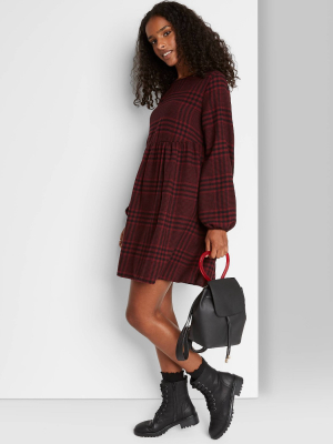 Women's Plaid Long Sleeve Woven Babydoll Dress - Wild Fable™