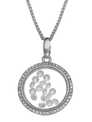 Sterling Silver Round Locket With Floating Clear Cubic Zirconia Necklace - Silver (18")