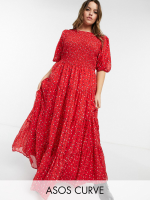 Asos Design Curve Shirred Tiered Maxi Dress In Red Print