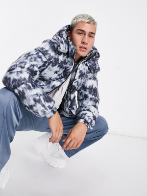 Good For Nothing Puffer Jacket With Hood In Tie Dye Blue