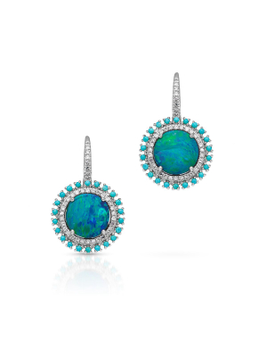 14kt White Gold Opal Turquoise Diamond Round Kai Earrings