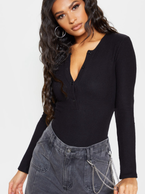 Black Brushed Rib Button Long Sleeve Bodysuit