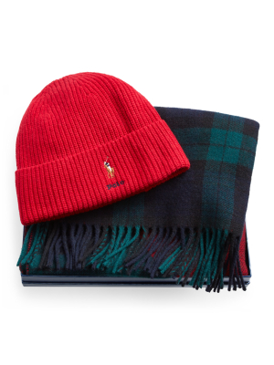 Ribbed Hat & Plaid Scarf Set