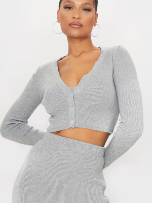 Grey Ribbed Knitted Cropped Cardigan