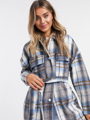 Stradivarius Belted Overshirt Shacket In Blue Plaid