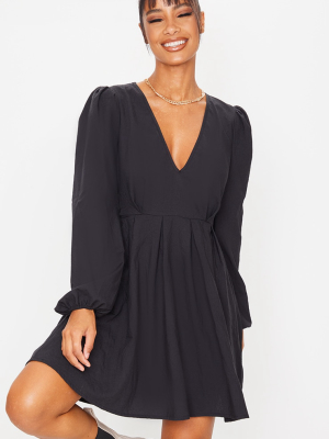 Black Linen Mix Pleated Detail Skater Dress