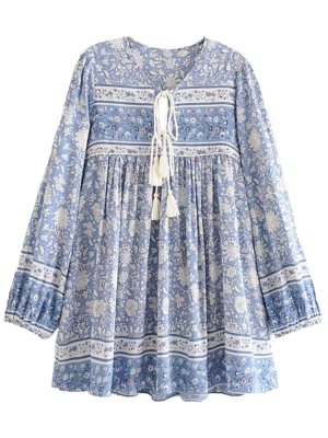 'katie' Bohemian Print Blue Tassel Dress