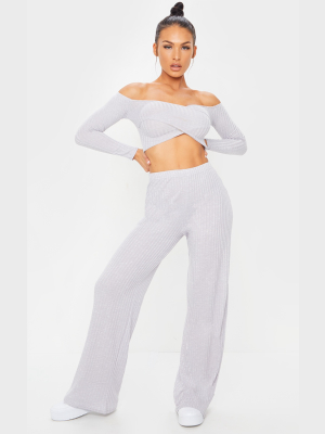 Grey Bardot Rib Knitted Wide Leg Set