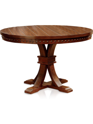 Crayton Nailhead Trimmed Pedestal Round Dining Table Dark Oak - Iohomes