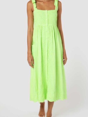 Juliet Dunn Neon Tie Shoulder Dress W/tonal Lotus Embro Neon Lime