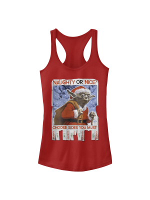 Junior's Star Wars Christmas Yoda Naughty Or Nice Racerback Tank Top