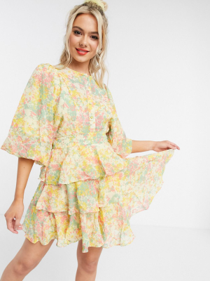 Asos Design Soft Tiered Mini Dress In Ditsy Floral Print