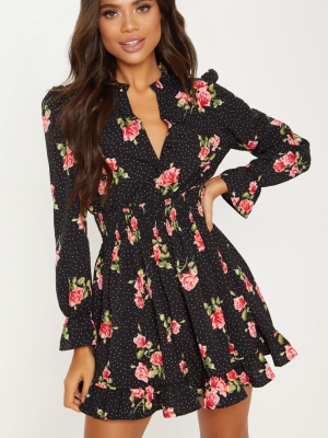 Black Floral Polka Dot Shirred Waist Shirt Dress