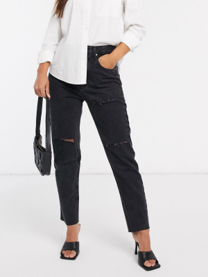 Stradivarius Ripped Mom Jean In Black