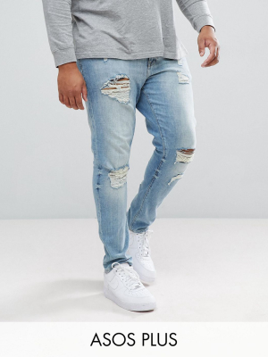 Asos Design Plus Skinny Jeans In Light Wash With Heavy Rips