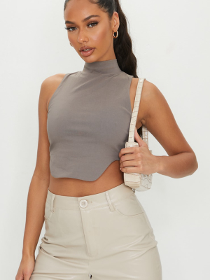 Taupe Bengaline High Neck Back Cut Out Crop Top