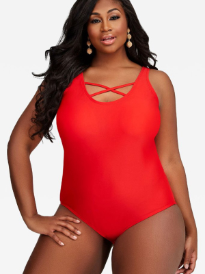 Plus Size Crisscross Straps Solid One Piece Swimsuit