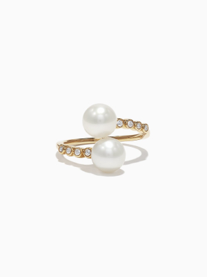 Effy 14k Yellow Gold Diamond And Fresh Water Pearl Ring, 0.09 Tcw