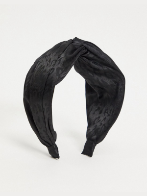 Asos Design Twist Headband In Black Leopard Satin