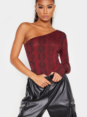 Burgundy Snake Printed One Shoulder Jersey Long...