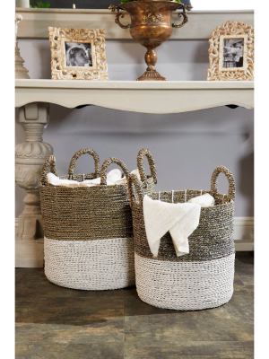 Olivia & May Set Of 3 Large Round Blocked Seagrass Baskets Gray/white