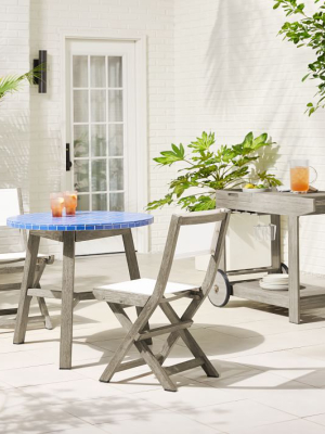 Mosaic Tiled Outdoor Bistro Table, Folding Bistro Chair & Bar Cart Set - Landscape Blue