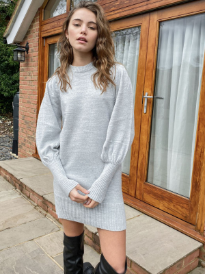 Miss Selfridge Puff Sleeve Knit Mini Dress In Gray